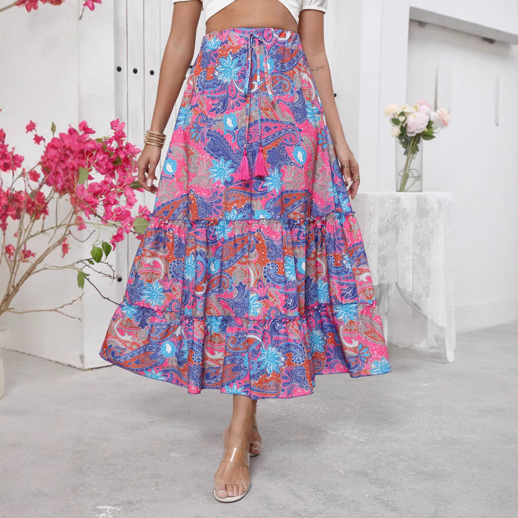 Falda Maxi para Mujeres con Patrón Boho y Cintura Ajustable en Capas