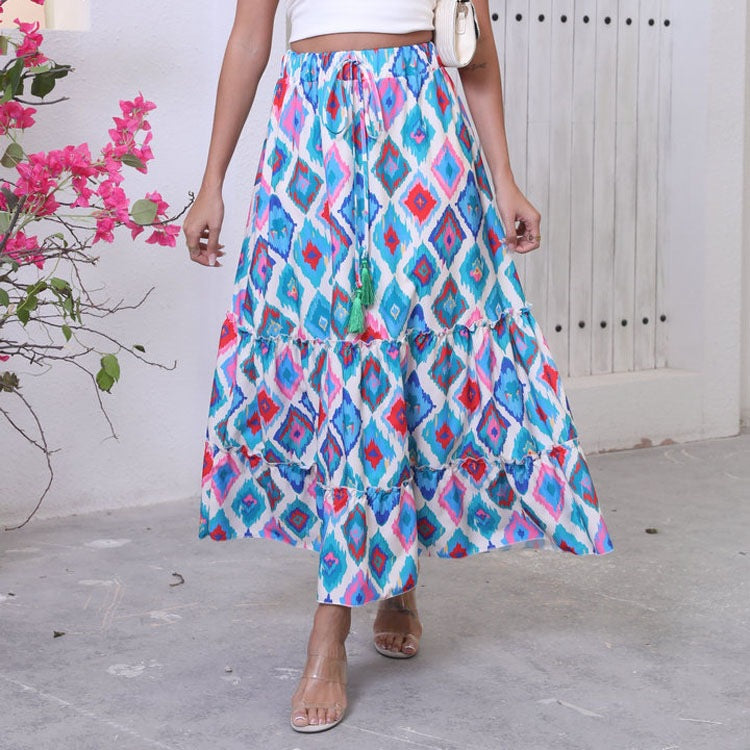 Falda Maxi para Mujeres con Patrón Boho y Cintura Ajustable en Capas