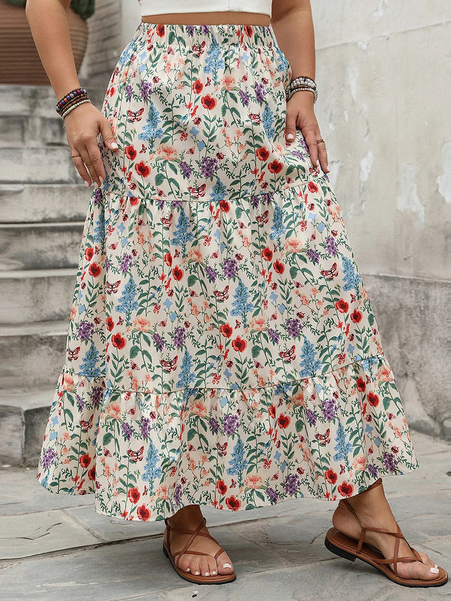 Falda Maxi de Impresión Floral para Mujeres con Cintura Elástica y Dobladillo en Capas