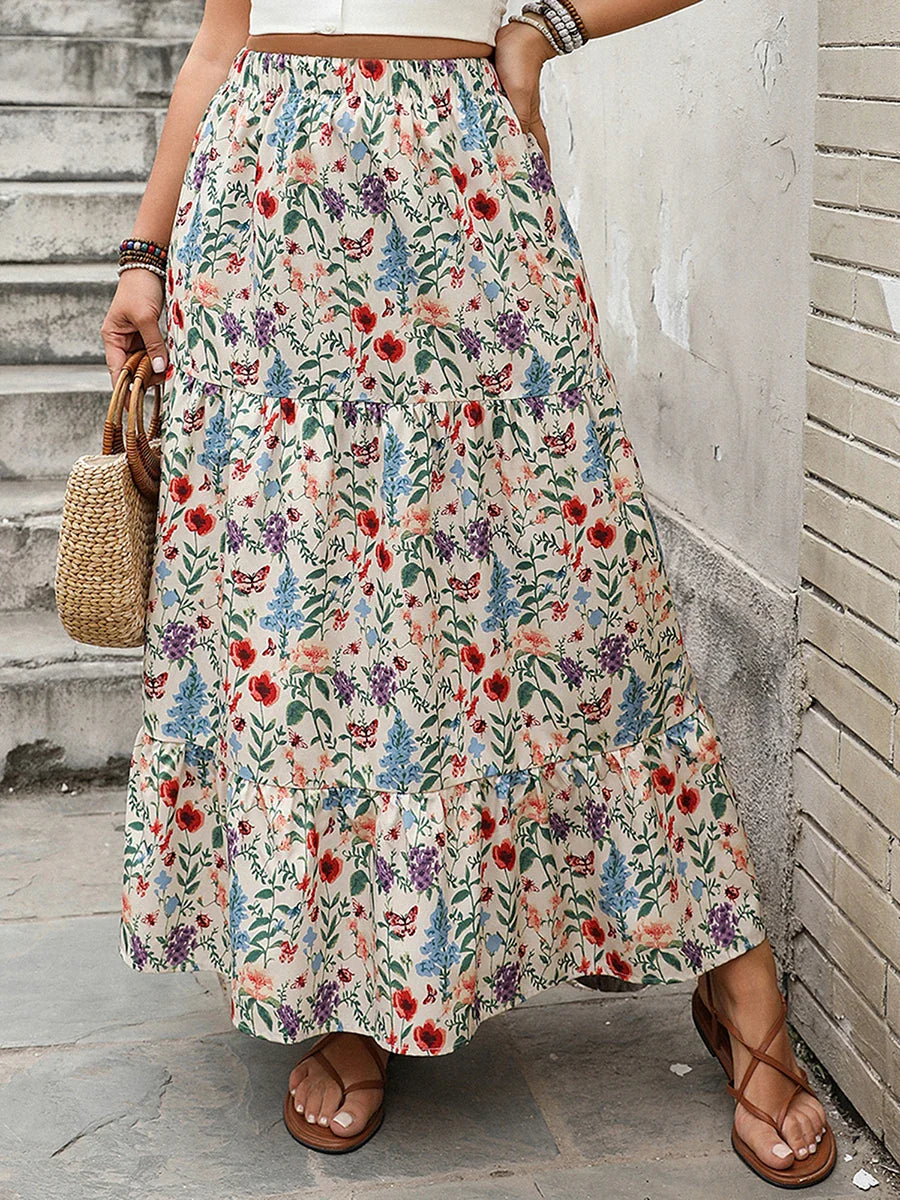 Falda Maxi de Impresión Floral para Mujeres con Cintura Elástica y Dobladillo en Capas