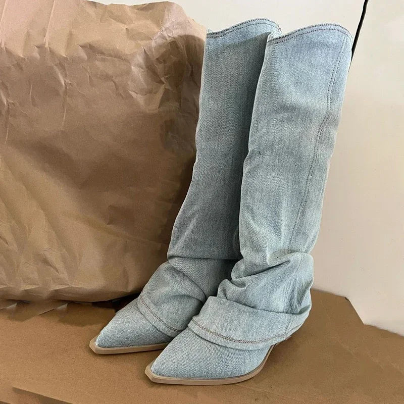 Botas de Mujer Altas con Pliegues, Diseño Western, Punta Afilada y Tacón