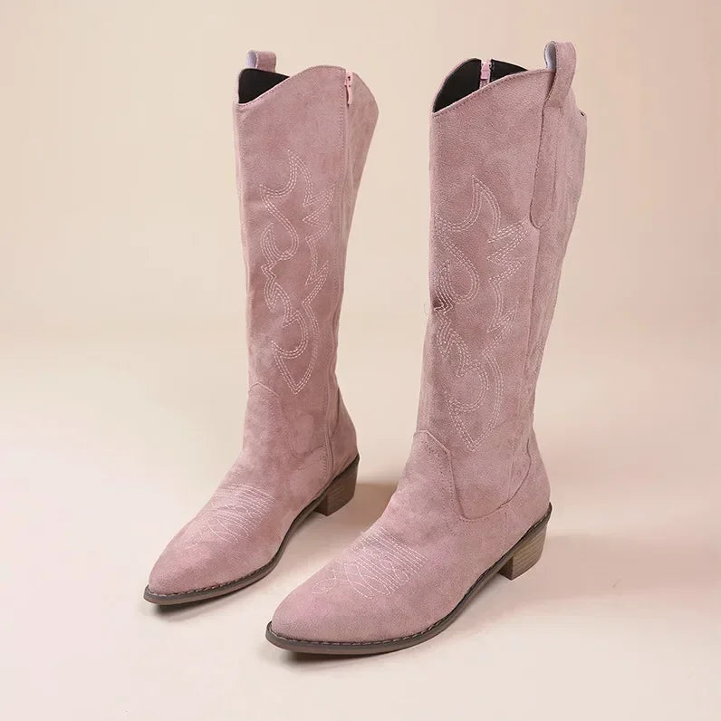 Botas de vaquera para mujer hasta la rodilla con bordado y tacón ancho