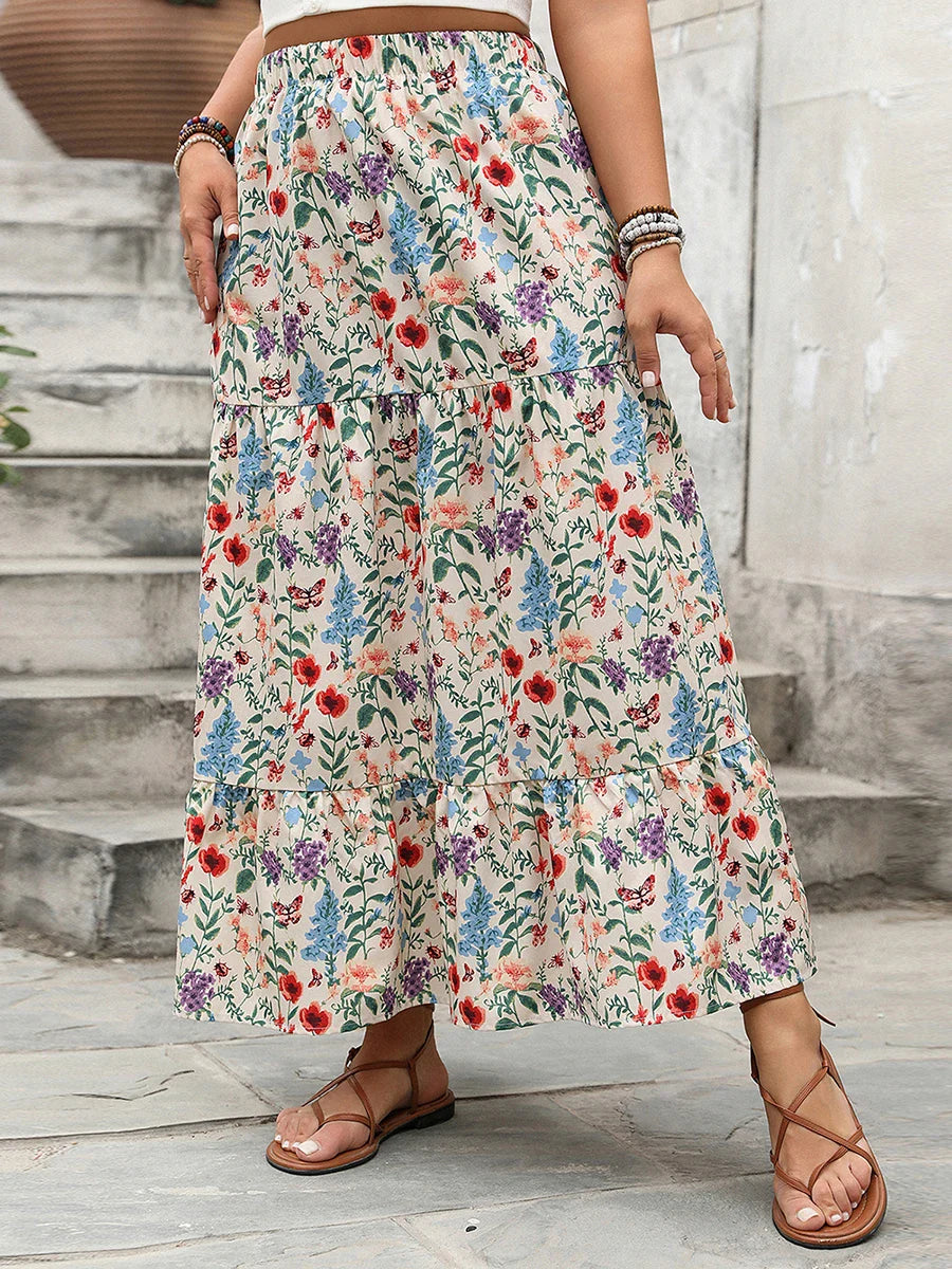 Falda Maxi de Impresión Floral para Mujeres con Cintura Elástica y Dobladillo en Capas