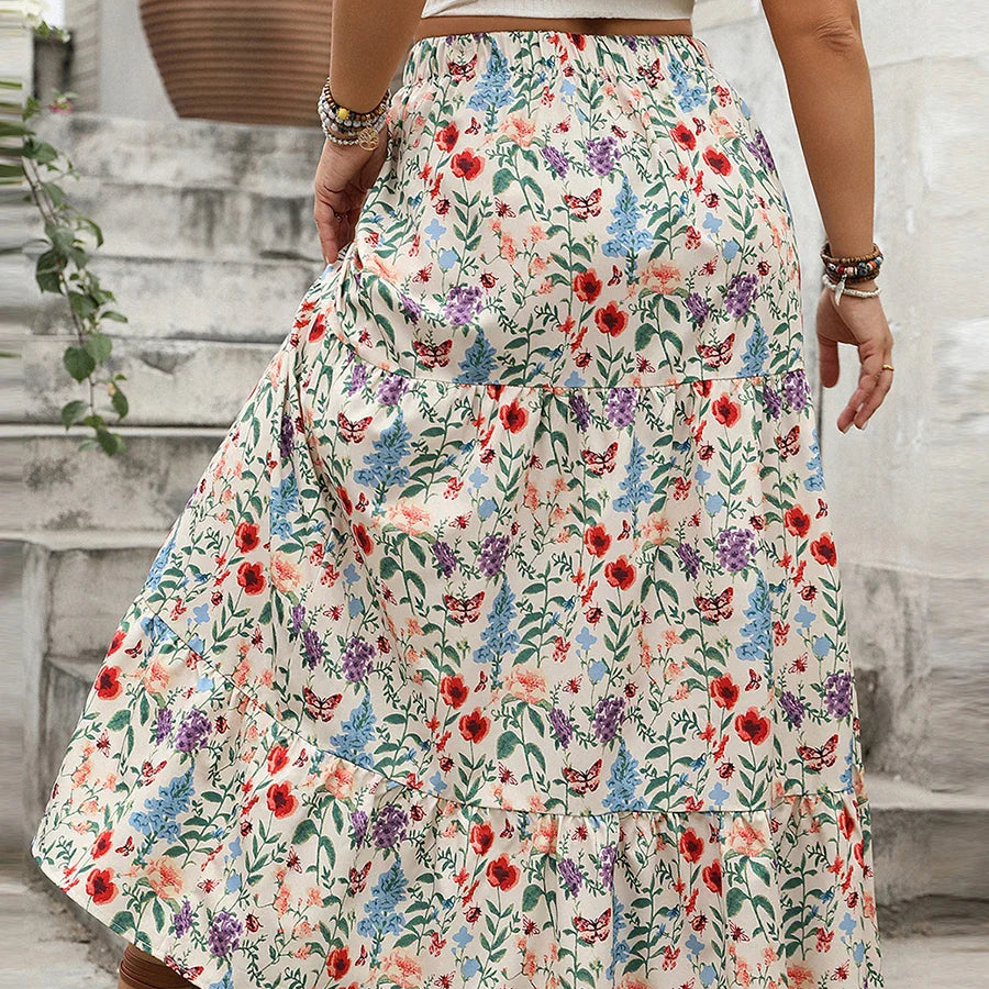 Falda Maxi de Impresión Floral para Mujeres con Cintura Elástica y Dobladillo en Capas
