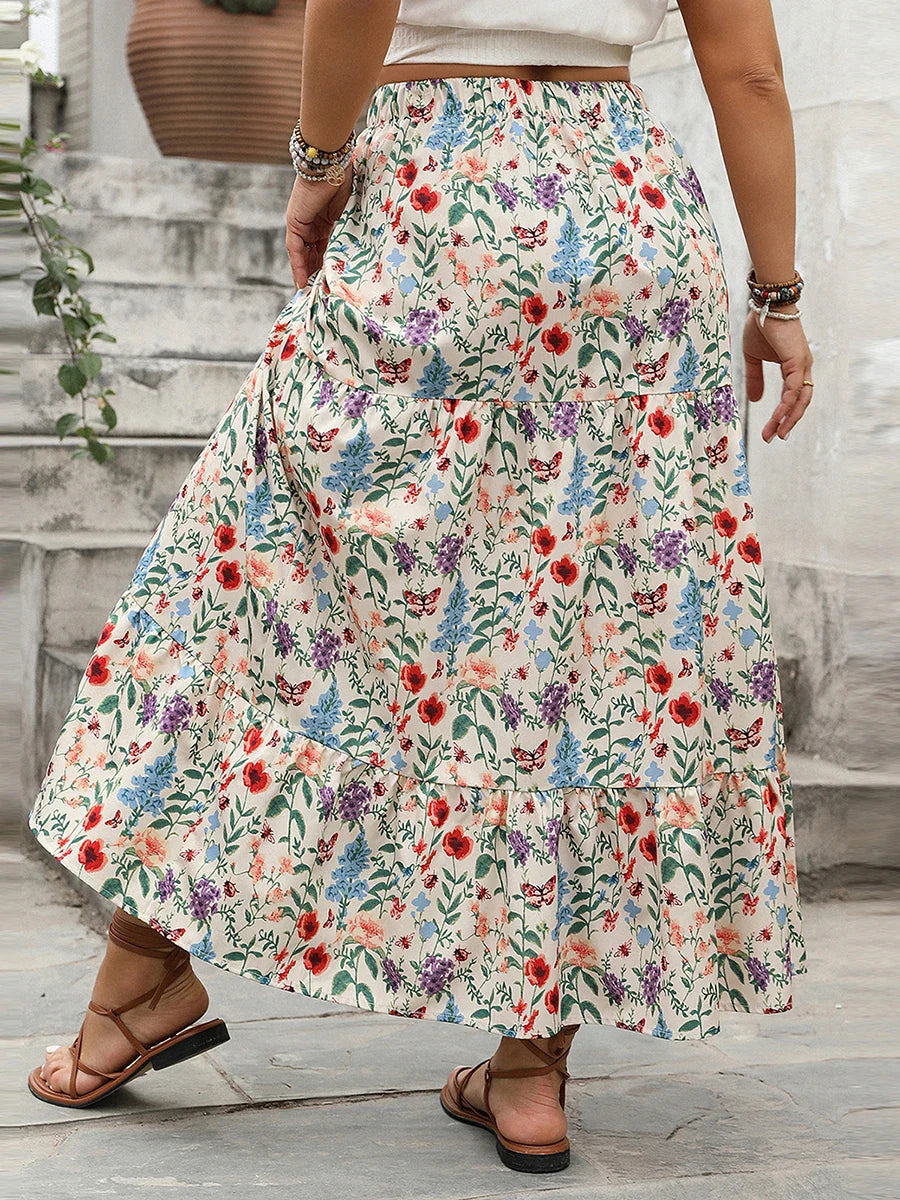 Falda Maxi de Impresión Floral para Mujeres con Cintura Elástica y Dobladillo en Capas