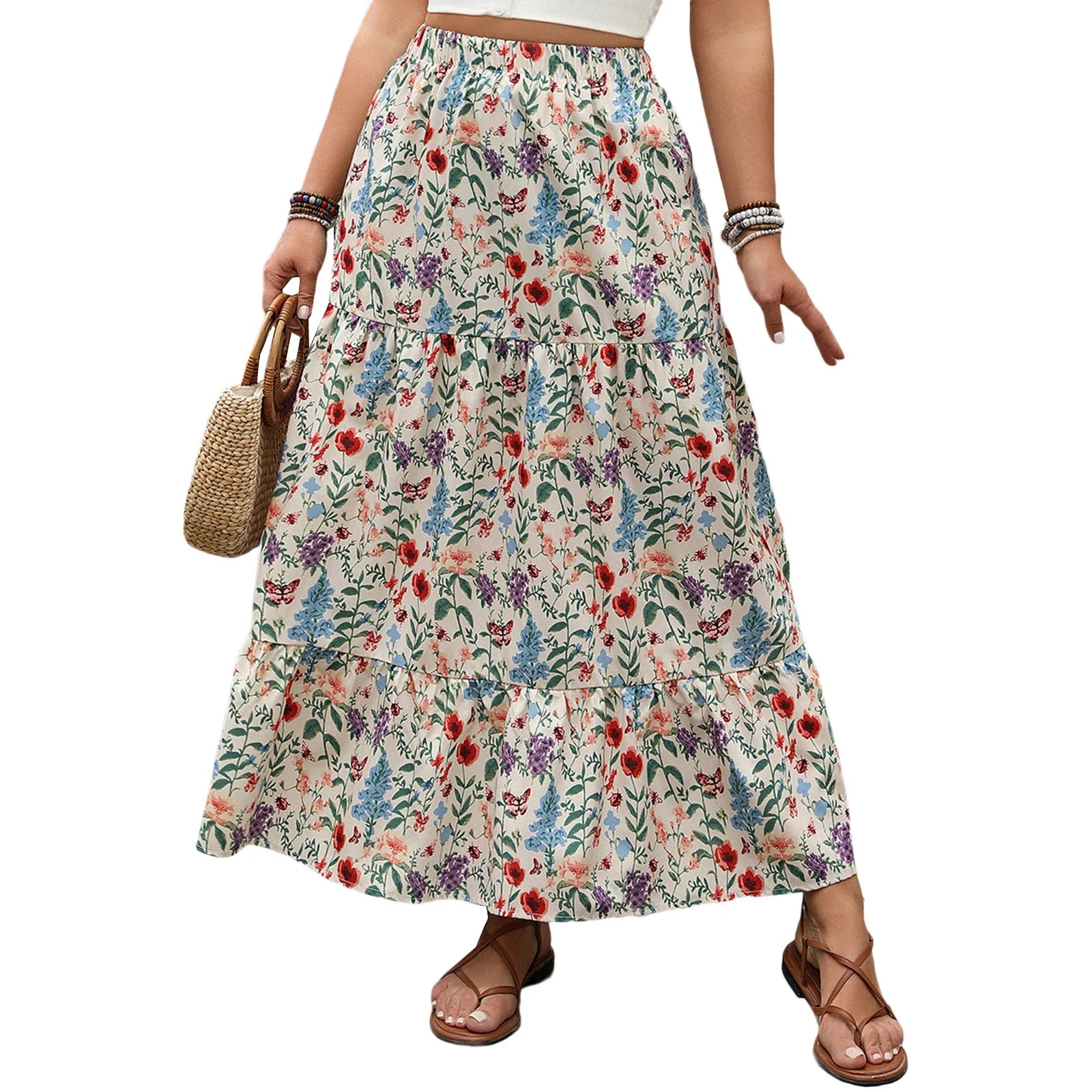 Falda Maxi de Impresión Floral para Mujeres con Cintura Elástica y Dobladillo en Capas