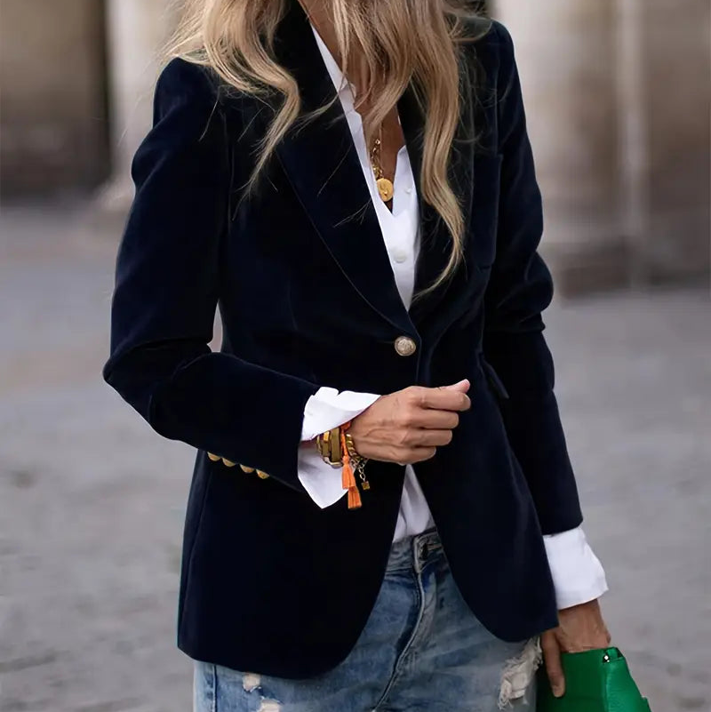 Blazer Ajustado para Mujeres con Botones Dorados y Solapas Definidas