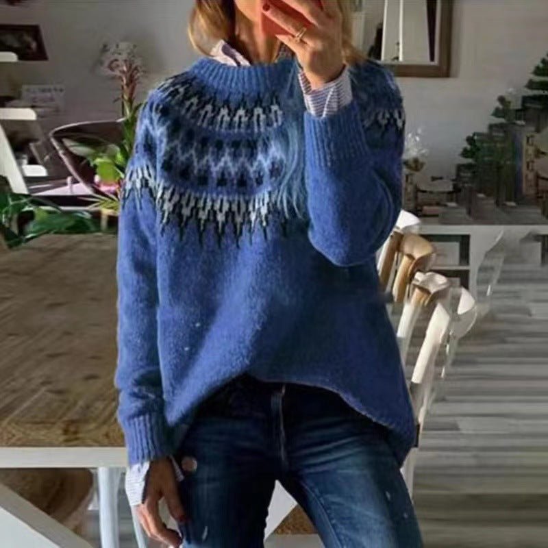 Sudadera de Cuello Redondo Fair Isle para Mujeres con Corte Relajado y Confortable