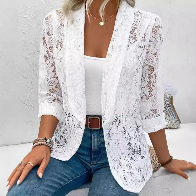 Blazer de Encaje de Manga Larga para Mujer con Diseño Abierto en el Frontal