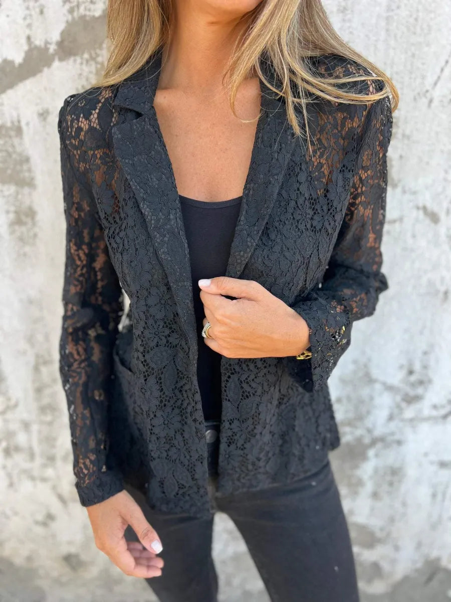 Blazer de Encaje de Manga Larga para Mujer con Diseño Abierto en el Frontal