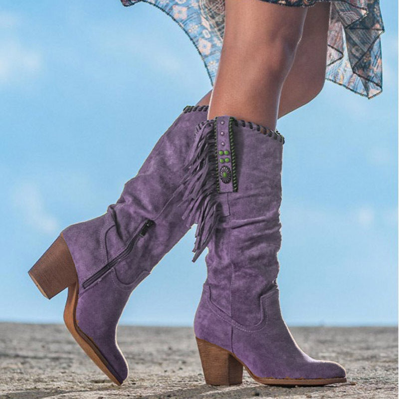 Botas Altas de Cuero para Mujer con Flecos y Tacón Ancho Estilo Cowboy