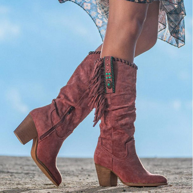 Botas Altas de Cuero para Mujer con Flecos y Tacón Ancho Estilo Cowboy
