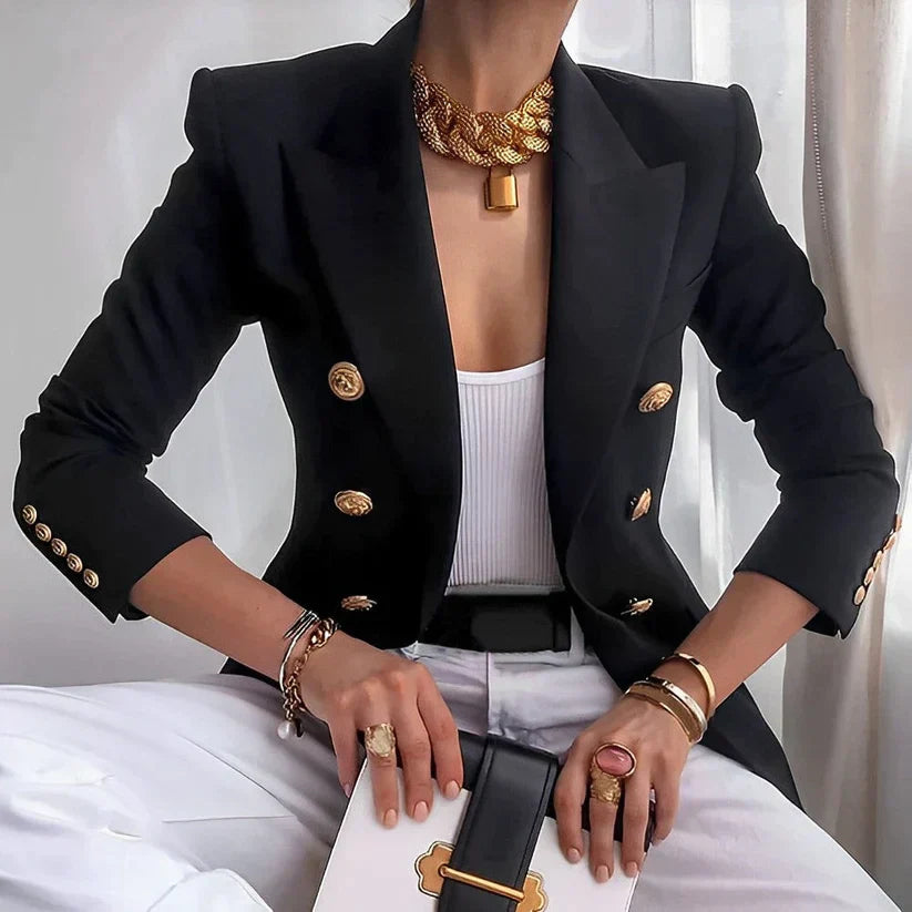 Blazer Negro de Doble Botonadura para Mujeres con Detalles en Dorado