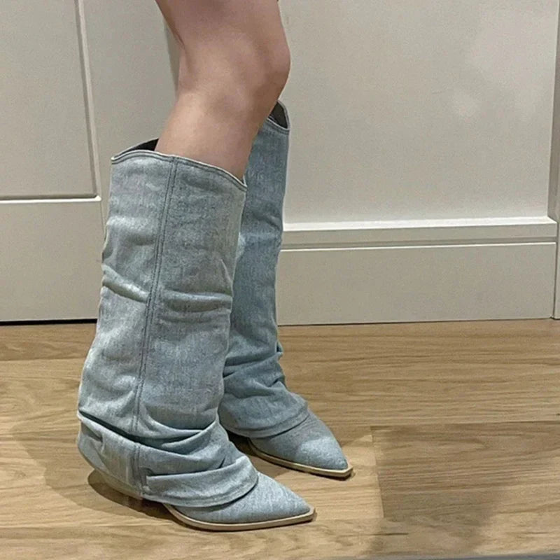 Botas de Mujer Altas con Pliegues, Diseño Western, Punta Afilada y Tacón