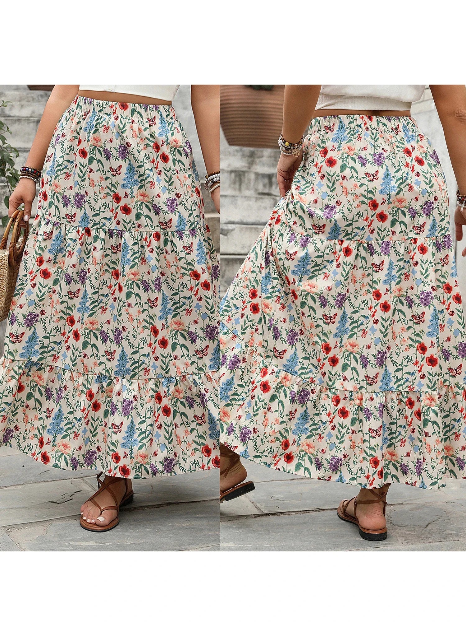 Falda Maxi de Impresión Floral para Mujeres con Cintura Elástica y Dobladillo en Capas