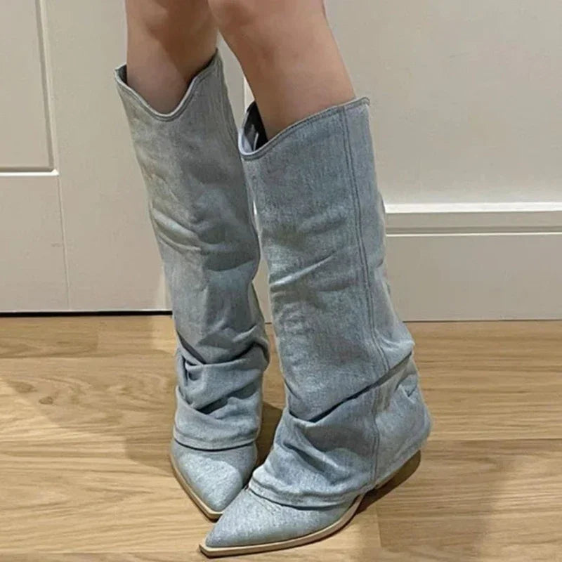 Botas de Mujer Altas con Pliegues, Diseño Western, Punta Afilada y Tacón
