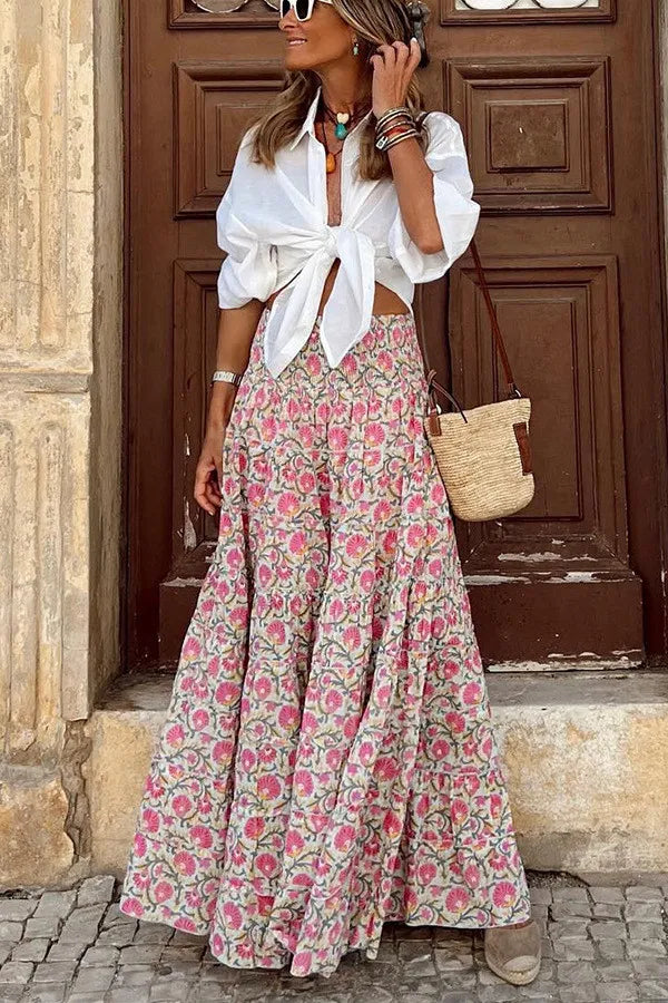 Falda Larga Boho de Impresión Floral para Mujeres