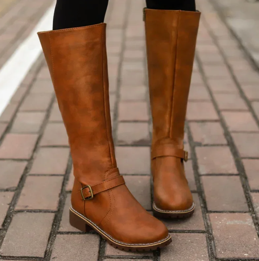 Botas de Mujer de Rodilla con Correa de Hebilla y Tacón Bajo